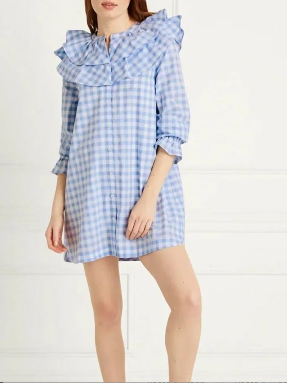 Hill House Colette Gingham Dress XS Blue Ruffle - Picture 2 of 10